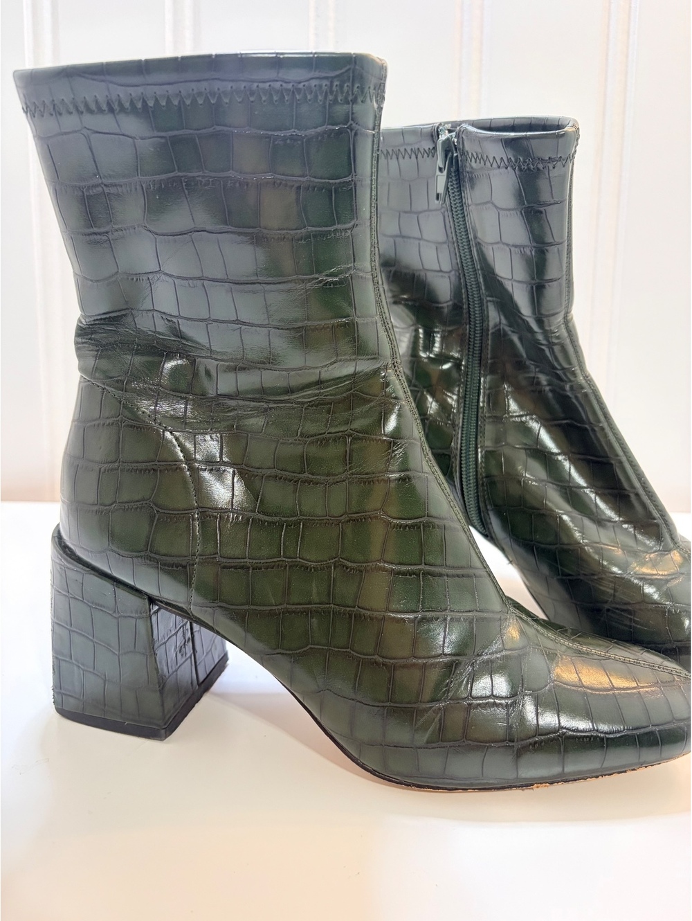 Dark Olive Green Croc Embossed Square Toe Block Heel Ankle Boots Sz 39